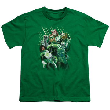 Kelly green youth t-shirt for ages 8 to 12 with Green Lantern Power Of The Rings graphic