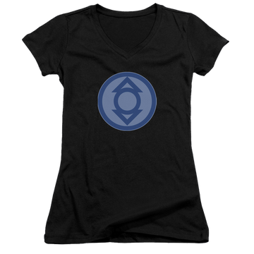 Black juniors v-neck t-shirt with Green Lantern Indigo Symbol graphic