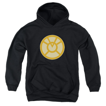 Black youth hoodie for ages 8 to 12 with Green Lantern Orange Symbol graphic