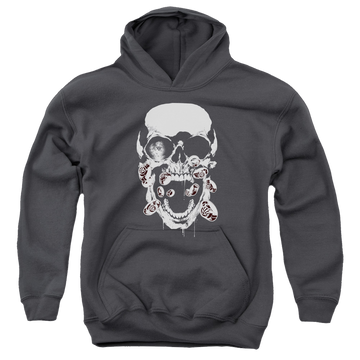 Charcoal youth hoodie for ages 8 to 12 with Green Lantern Black Lantern Skull graphic