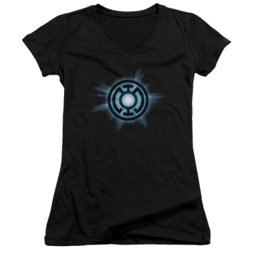 Black juniors v-neck t-shirt with Green Lantern Blue Glow graphic