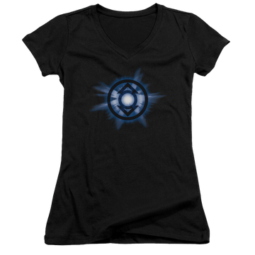 Black juniors v-neck t-shirt with Green Lantern Indigo Glow graphic