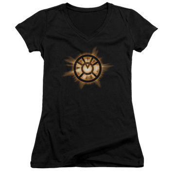 Black juniors v-neck t-shirt with Green Lantern Orange Glow graphic