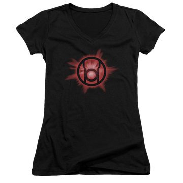 Black juniors v-neck t-shirt with Green Lantern Red Glow graphic