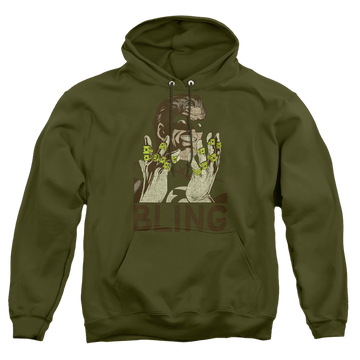 Military green pullover hoodie with Green Lantern Bling graphic