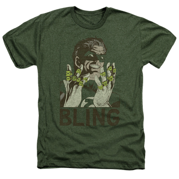Military green men's heather t-shirt with Green Lantern Bling graphic
