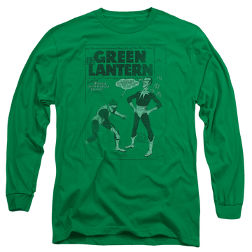 Kelly green men's long sleeve t-shirt with Green Lantern Perilous Traps graphic
