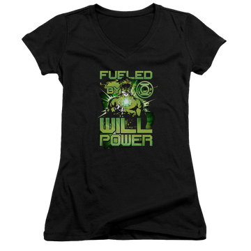 Black juniors v-neck t-shirt with Green Lantern Fueled graphic