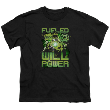 Black youth t-shirt for ages 8 to 12 with Green Lantern Fueled graphic