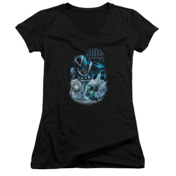 Black juniors v-neck t-shirt with Green Lantern Blackhand graphic