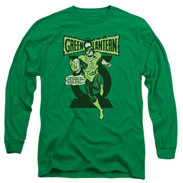 Kelly green men's long sleeve t-shirt with Green Lantern Retro Oath graphic