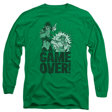 Kelly green men's long sleeve t-shirt with Green Lantern Game Over graphic