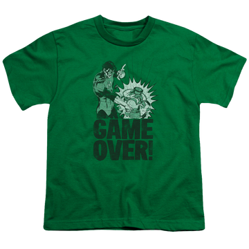 Kelly green youth t-shirt for ages 8 to 12 with Green Lantern Game Over graphic
