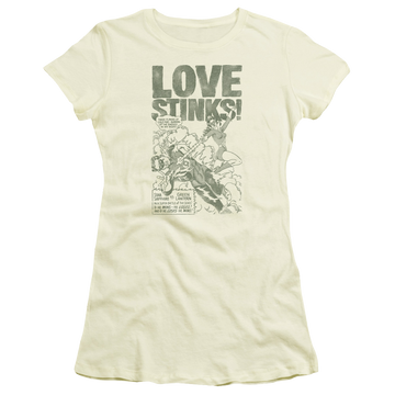 Cream juniors t-shirt with Green Lantern Love Stinks graphic