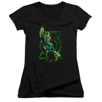Black juniors v-neck t-shirt with Green Lantern Fully Charged graphic