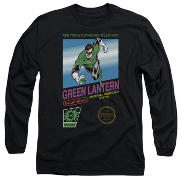 Black men's long sleeve t-shirt with Green Lantern Box Art graphic
