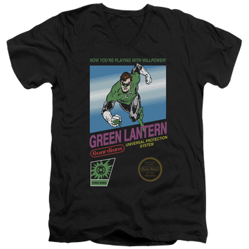 Black men's v-neck t-shirt with Green Lantern Box Art graphic