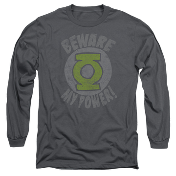 Charcoal men's long sleeve t-shirt with Green Lantern Beware graphic