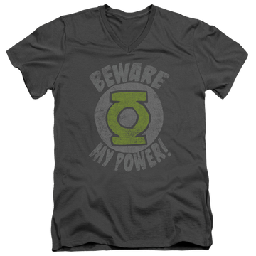 Charcoal men's v-neck t-shirt with Green Lantern Beware graphic