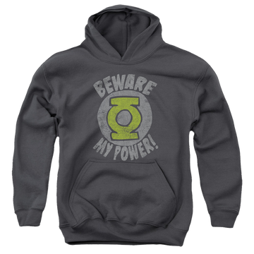 Charcoal youth hoodie for ages 8 to 12 with Green Lantern Beware graphic