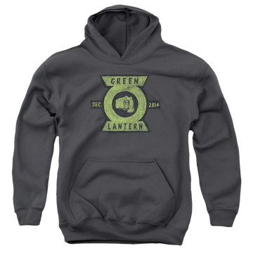 Charcoal youth hoodie for ages 8 to 12 with Green Lantern Section graphic