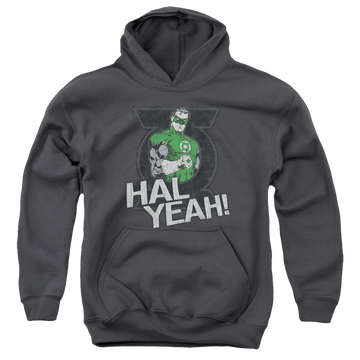 Charcoal youth hoodie for ages 8 to 12 with Green Lantern Hal Yeah graphic