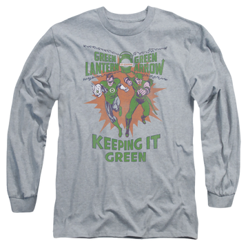 Athletic heather men's long sleeve t-shirt with Green Lantern Keeping It Green graphic