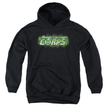 Black youth hoodie for ages 8 to 12 with Green Lantern Gl Corps Title graphic