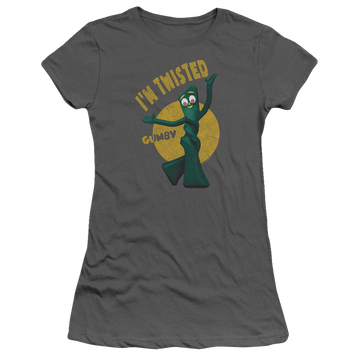 Charcoal juniors t-shirt with Gumby Twisted graphic