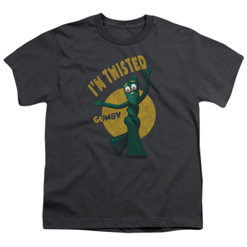 Charcoal youth t-shirt for ages 8 to 12 with Gumby Twisted graphic