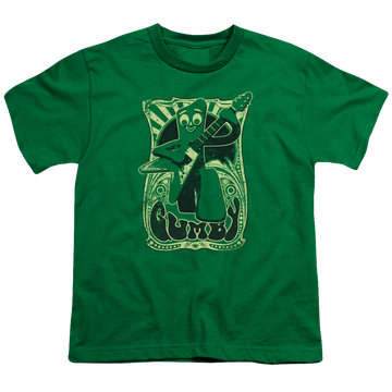 Kelly green youth t-shirt for ages 8 to 12 with Gumby Vintage Rock Poster graphic