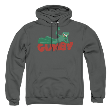 Charcoal pullover hoodie with Gumby On Logo graphic