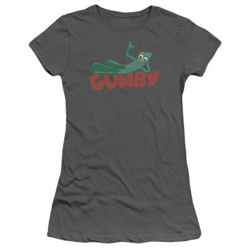 Charcoal juniors t-shirt with Gumby On Logo graphic