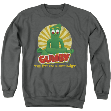 Charcoal men's crewneck sweatshirt with Gumby Optimist graphic