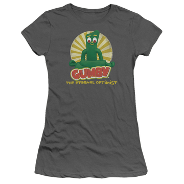 Charcoal juniors t-shirt with Gumby Optimist graphic
