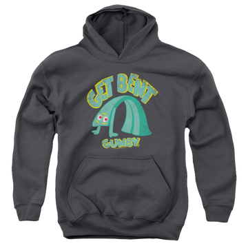 Charcoal youth hoodie for ages 8 to 12 with Gumby Get Bent graphic