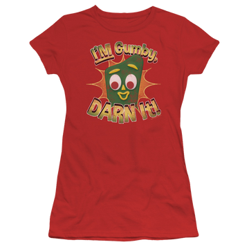 Red juniors t-shirt with Gumby Darn It graphic