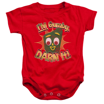Red baby bodysuit with Gumby Darn It graphic