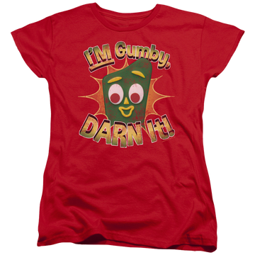Red women's t-shirt with Gumby Darn It graphic