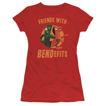 Red juniors t-shirt with Gumby Bendefits graphic