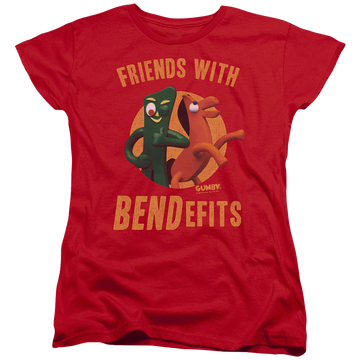 Red women's t-shirt with Gumby Bendefits graphic