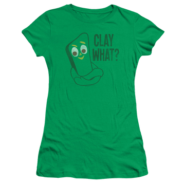 Kelly green juniors t-shirt with Gumby Clay What graphic