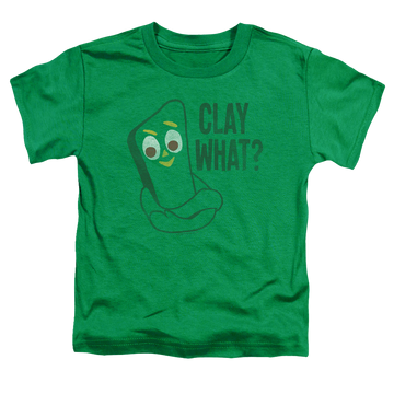 Kelly green toddler t-shirt with Gumby Clay What graphic