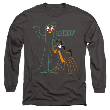 Charcoal men's long sleeve t-shirt with Gumby Outlines graphic