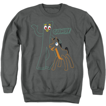Charcoal men's crewneck sweatshirt with Gumby Outlines graphic