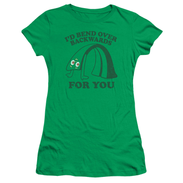Kelly green juniors t-shirt with Gumby Bend Backwards graphic