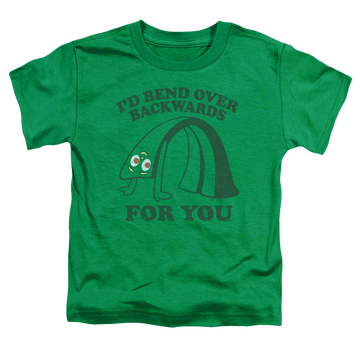 Kelly green toddler t-shirt with Gumby Bend Backwards graphic