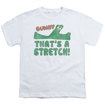 White youth t-shirt for ages 8 to 12 with Gumby That's A Stretch graphic