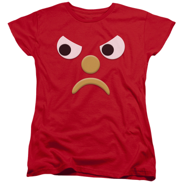 Red women's t-shirt with Gumby Blockhead G graphic