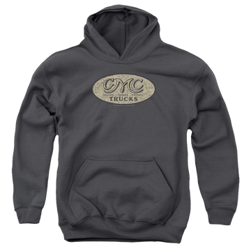 Charcoal youth hoodie for ages 8 to 12 with GMC Vintage Oval Logo graphic